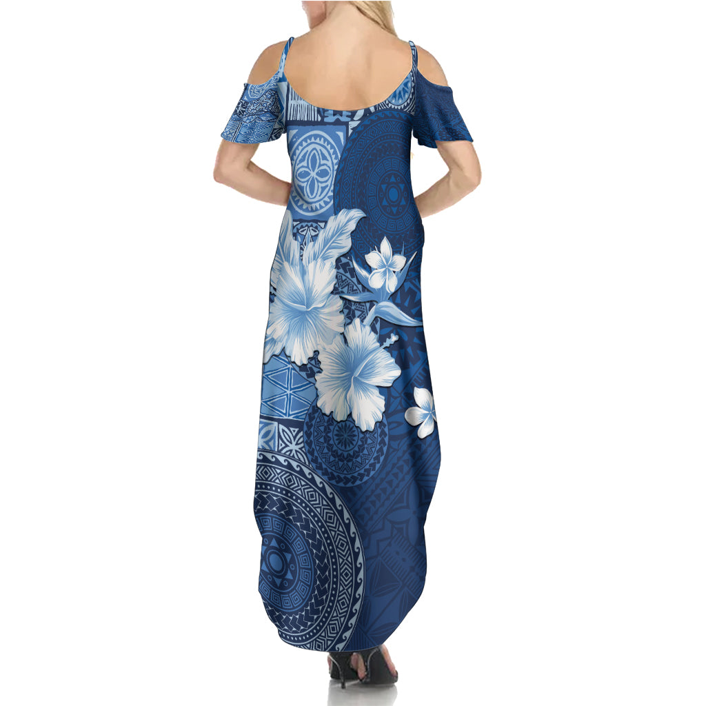 Hawaii Tapa Pattern With Navy Hibiscus Summer Maxi Dress LT05 - Polynesian Pride