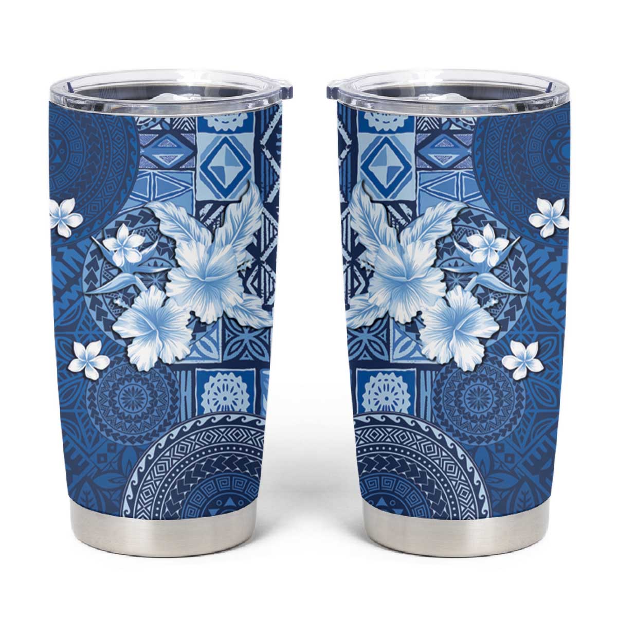 Hawaii Tapa Pattern With Navy Hibiscus Tumbler Cup LT05 Navy - Polynesian Pride