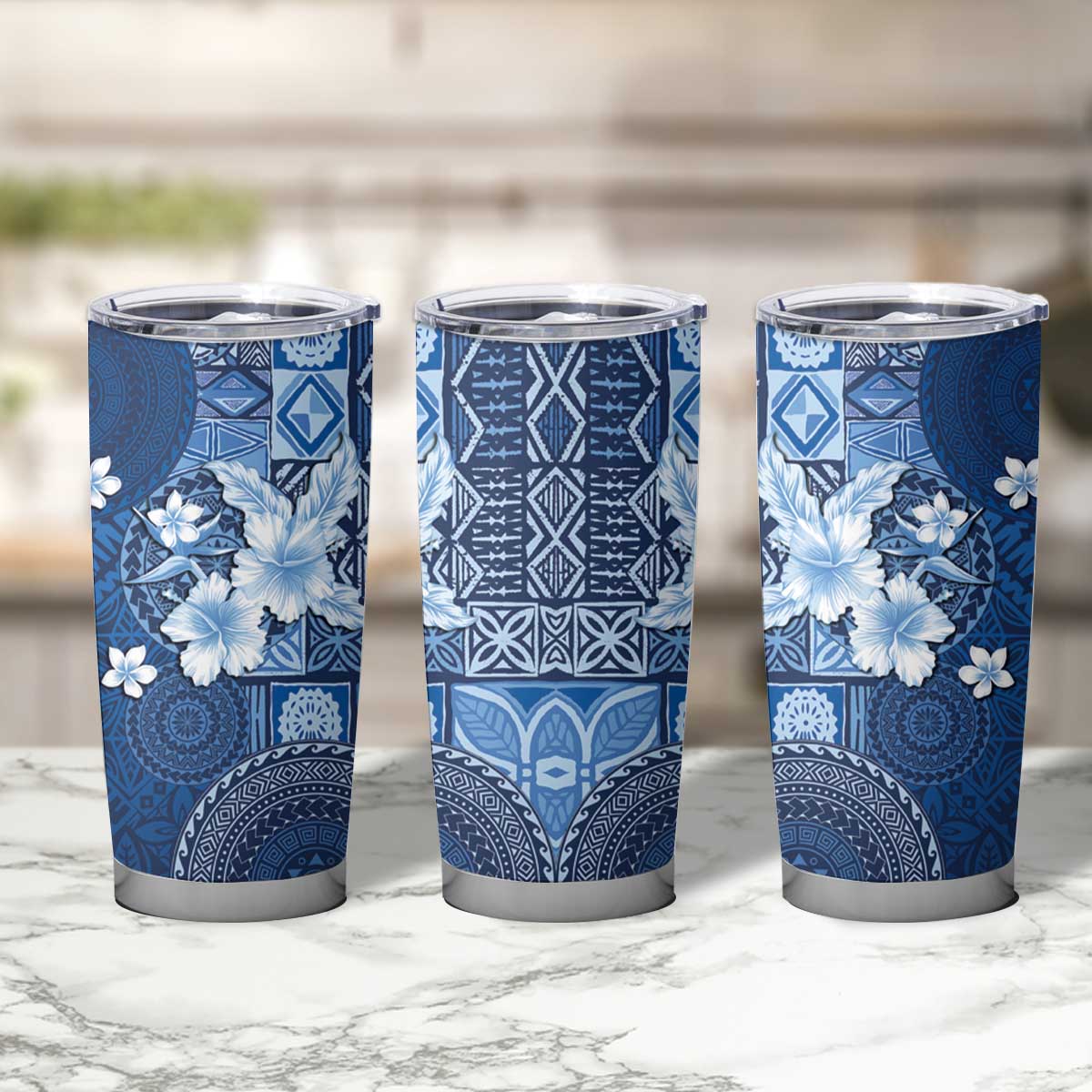 Hawaii Tapa Pattern With Navy Hibiscus Tumbler Cup LT05 - Polynesian Pride