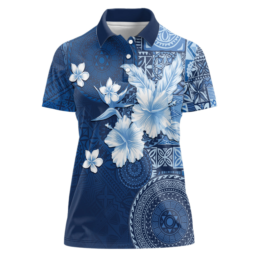 Hawaii Tapa Pattern With Navy Hibiscus Women Polo Shirt