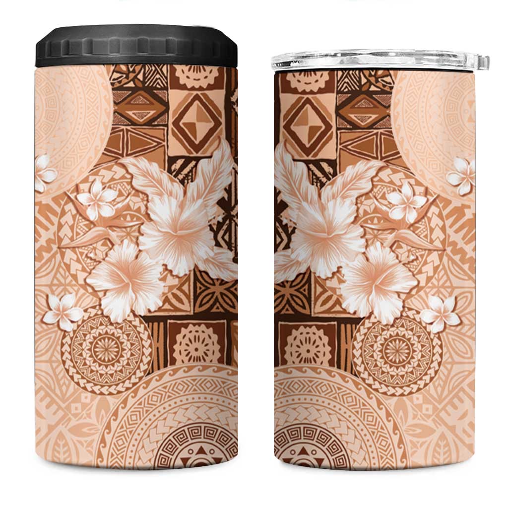 Hawaii Tapa Pattern With Brown Hibiscus 4 in 1 Can Cooler Tumbler LT05 One Size: 16 oz Brown - Polynesian Pride