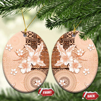 Hawaii Tapa Pattern With Brown Hibiscus Ceramic Ornament LT05 Oval Brown - Polynesian Pride