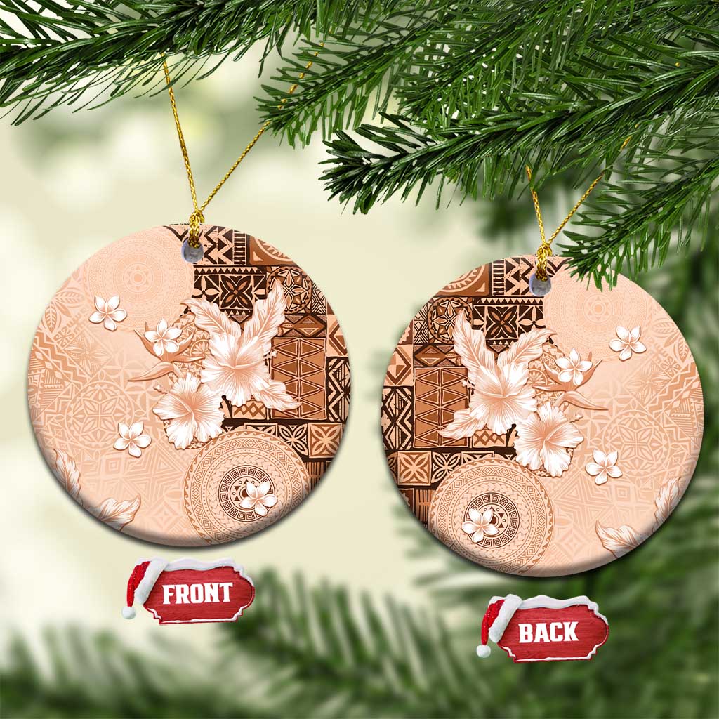 Hawaii Tapa Pattern With Brown Hibiscus Ceramic Ornament LT05 Circle Brown - Polynesian Pride
