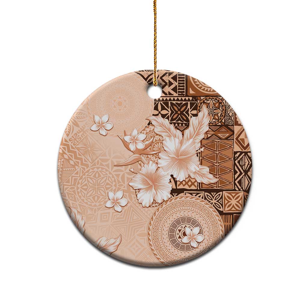 Hawaii Tapa Pattern With Brown Hibiscus Ceramic Ornament LT05 - Polynesian Pride