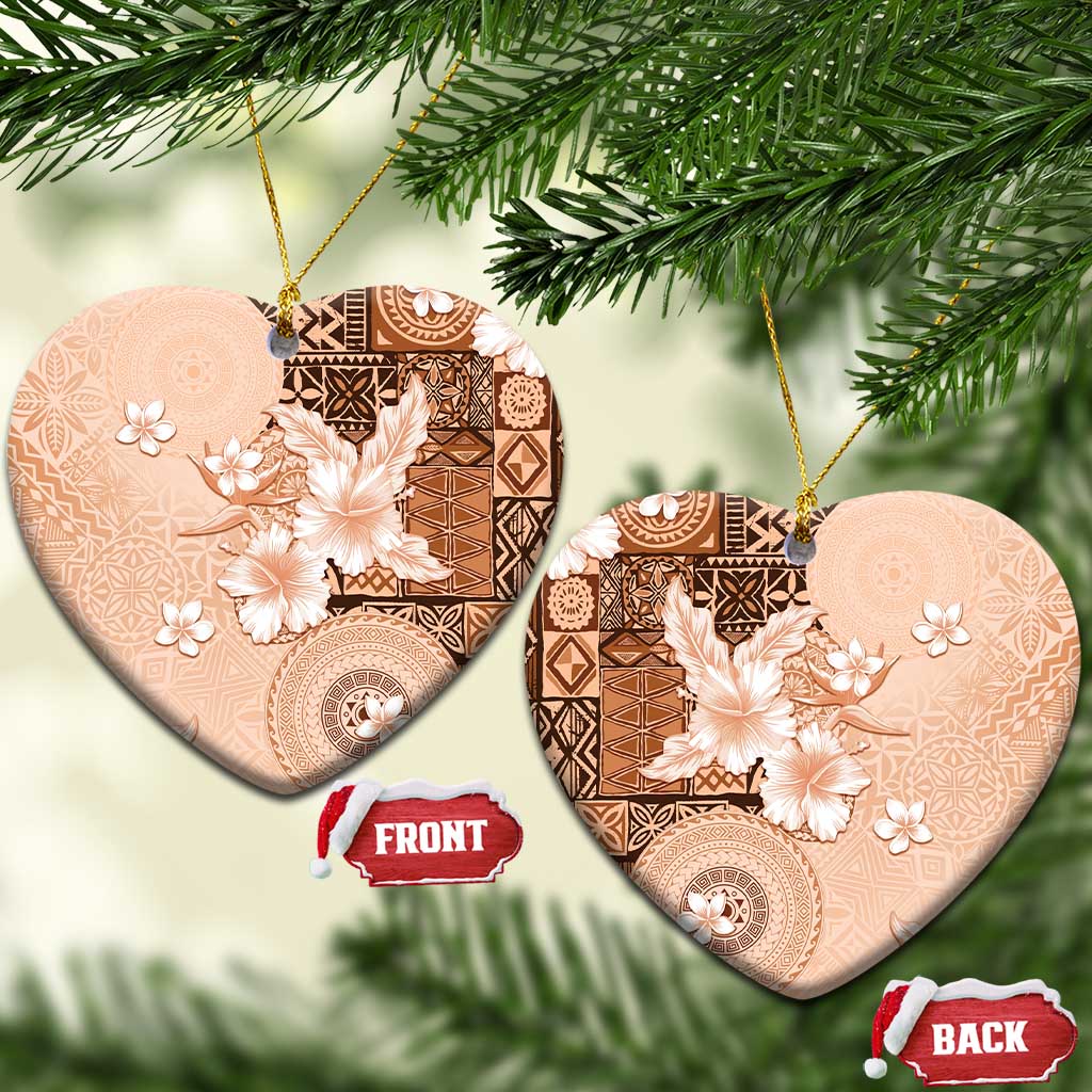 Hawaii Tapa Pattern With Brown Hibiscus Ceramic Ornament LT05 Heart Brown - Polynesian Pride