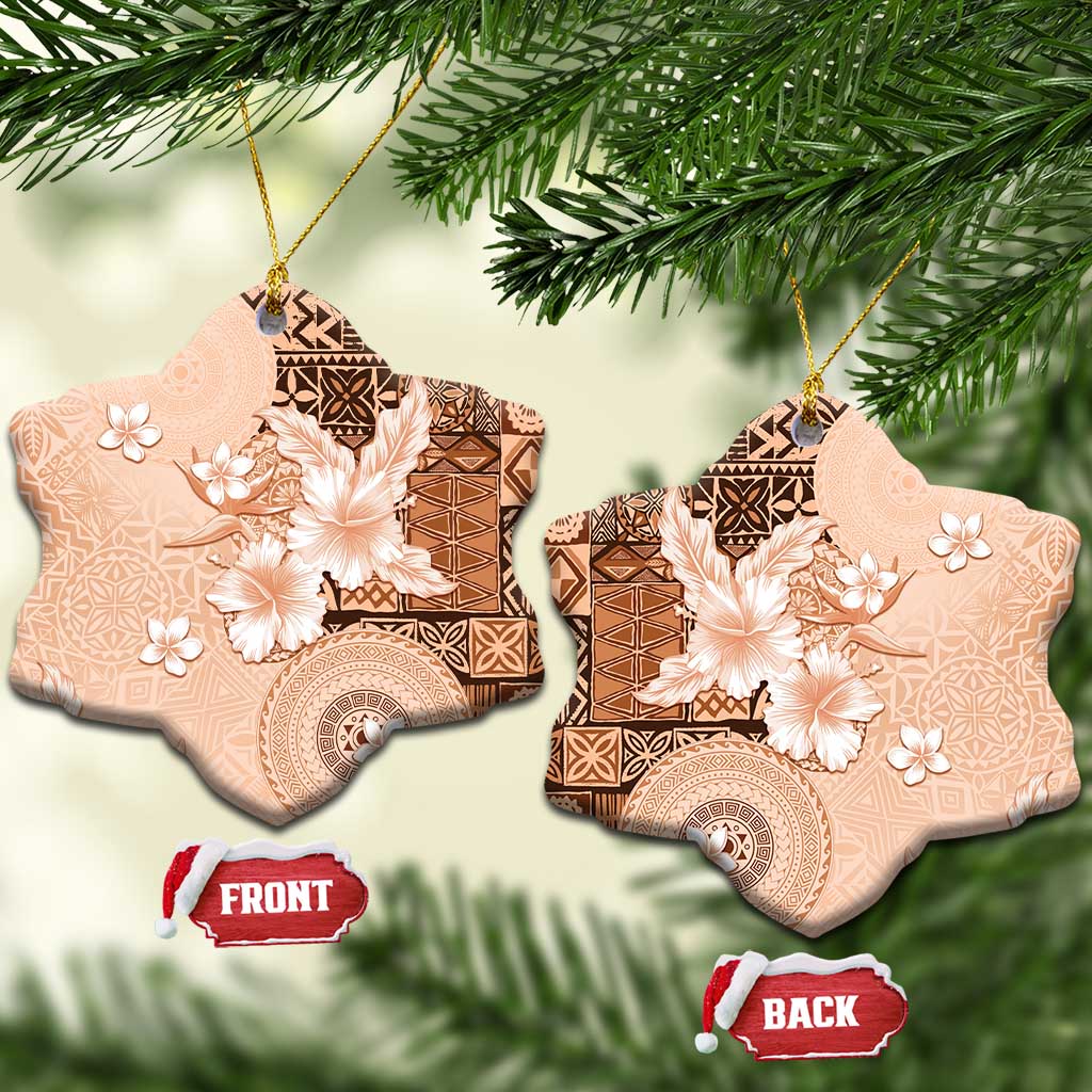 Hawaii Tapa Pattern With Brown Hibiscus Ceramic Ornament LT05 Snow Flake Brown - Polynesian Pride