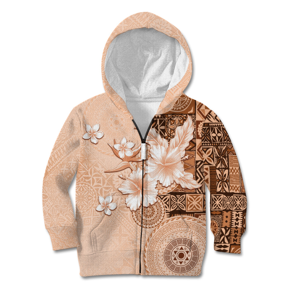 Hawaii Tapa Pattern With Brown Hibiscus Kid Hoodie LT05 Zip Hoodie Brown - Polynesian Pride
