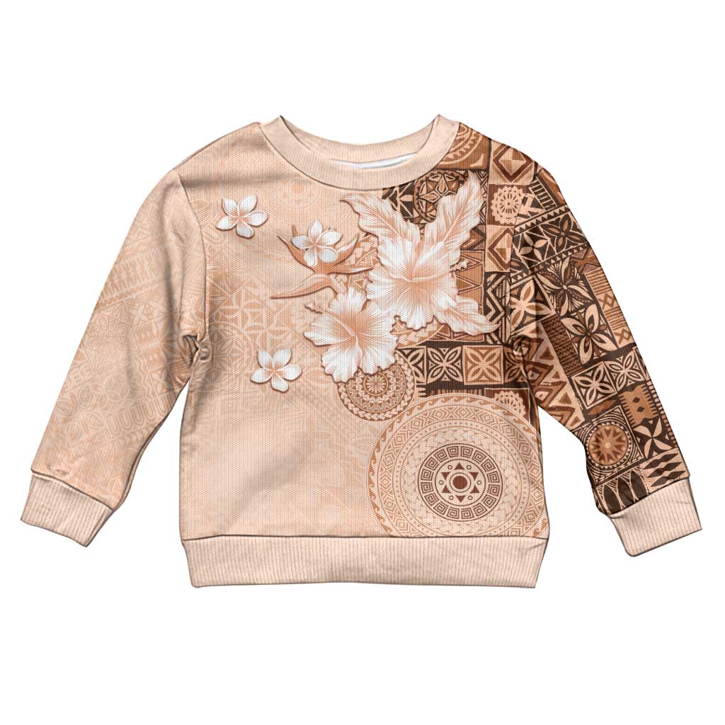 Hawaii Tapa Pattern With Brown Hibiscus Kid Ugly Christmas Sweater LT05 Kid Brown - Polynesian Pride
