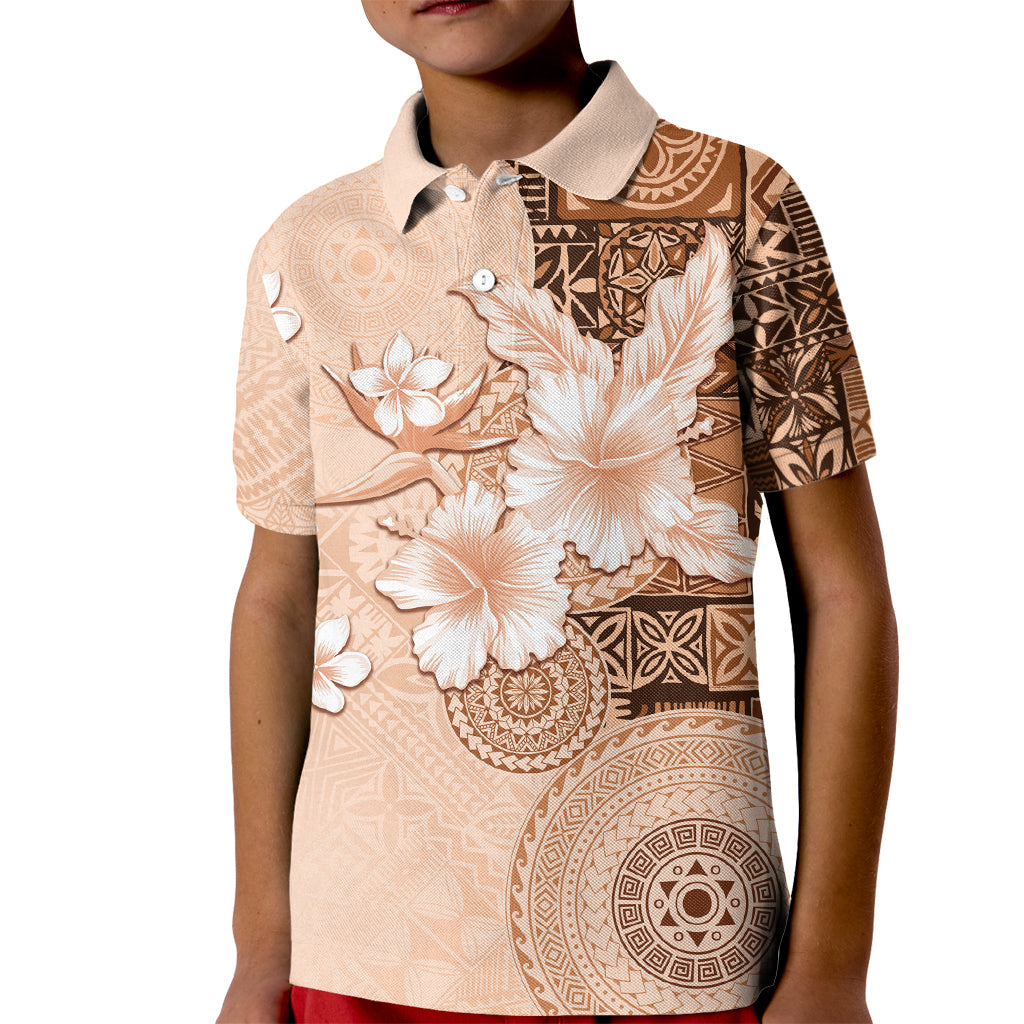Hawaii Tapa Pattern With Brown Hibiscus Kid Polo Shirt LT05 Kid Brown - Polynesian Pride