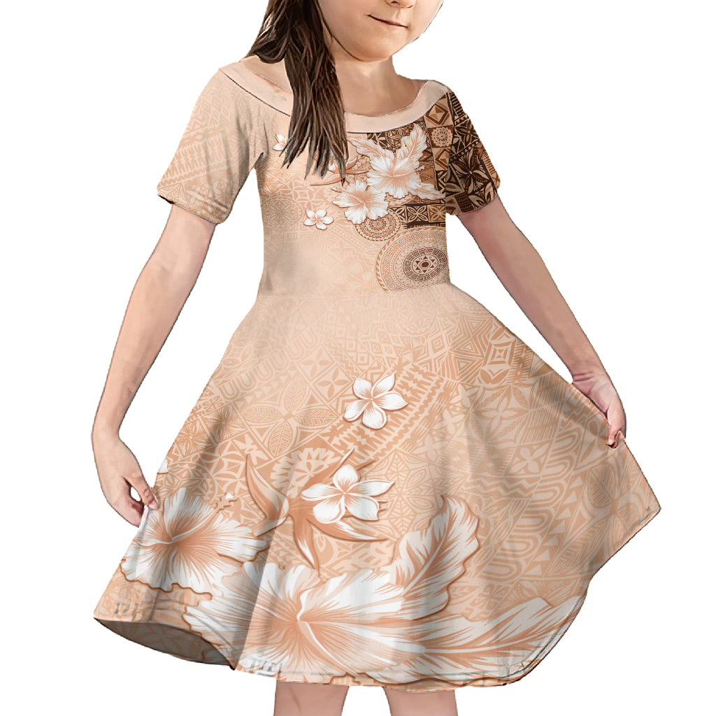 Hawaii Tapa Pattern With Brown Hibiscus Kid Short Sleeve Dress LT05 KID Brown - Polynesian Pride
