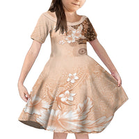 Hawaii Tapa Pattern With Brown Hibiscus Kid Short Sleeve Dress LT05 KID Brown - Polynesian Pride