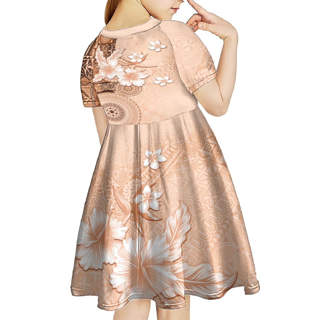 Hawaii Tapa Pattern With Brown Hibiscus Kid Short Sleeve Dress LT05 - Polynesian Pride