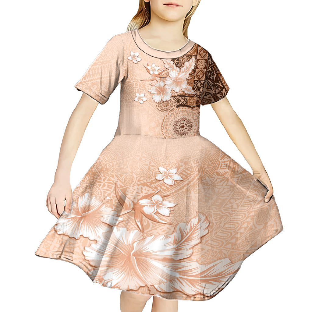 Hawaii Tapa Pattern With Brown Hibiscus Kid Short Sleeve Dress LT05 - Polynesian Pride