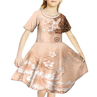 Hawaii Tapa Pattern With Brown Hibiscus Kid Short Sleeve Dress LT05 - Polynesian Pride