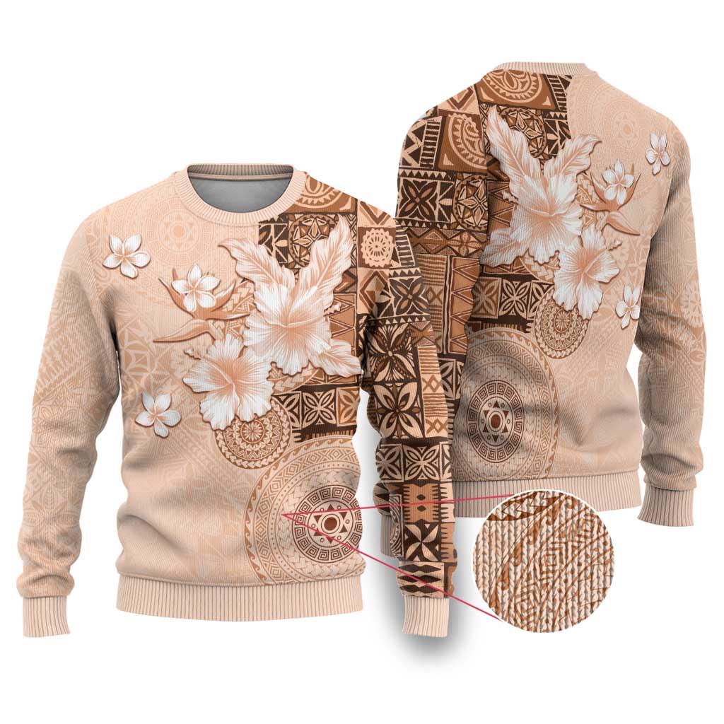 Hawaii Tapa Pattern With Brown Hibiscus Ugly Christmas Sweater LT05 Brown - Polynesian Pride