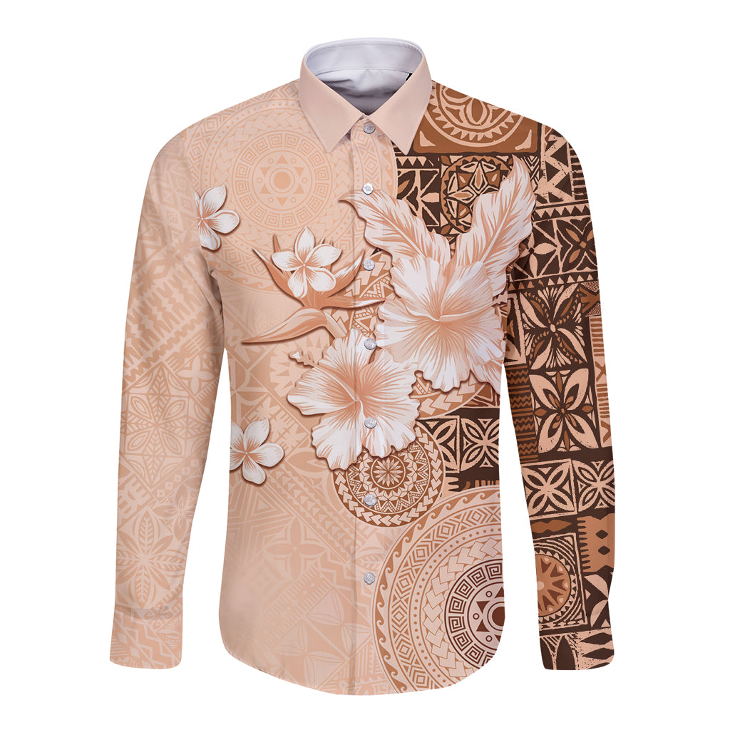 Hawaii Tapa Pattern With Brown Hibiscus Long Sleeve Button Shirt LT05 Unisex Brown - Polynesian Pride