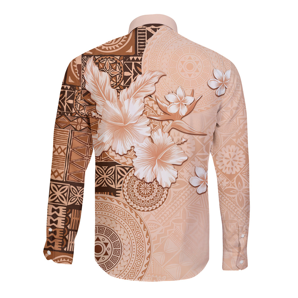 Hawaii Tapa Pattern With Brown Hibiscus Long Sleeve Button Shirt LT05 - Polynesian Pride