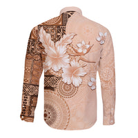 Hawaii Tapa Pattern With Brown Hibiscus Long Sleeve Button Shirt LT05 - Polynesian Pride