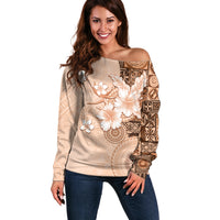 Hawaii Tapa Pattern With Brown Hibiscus Off Shoulder Sweater LT05 Women Brown - Polynesian Pride
