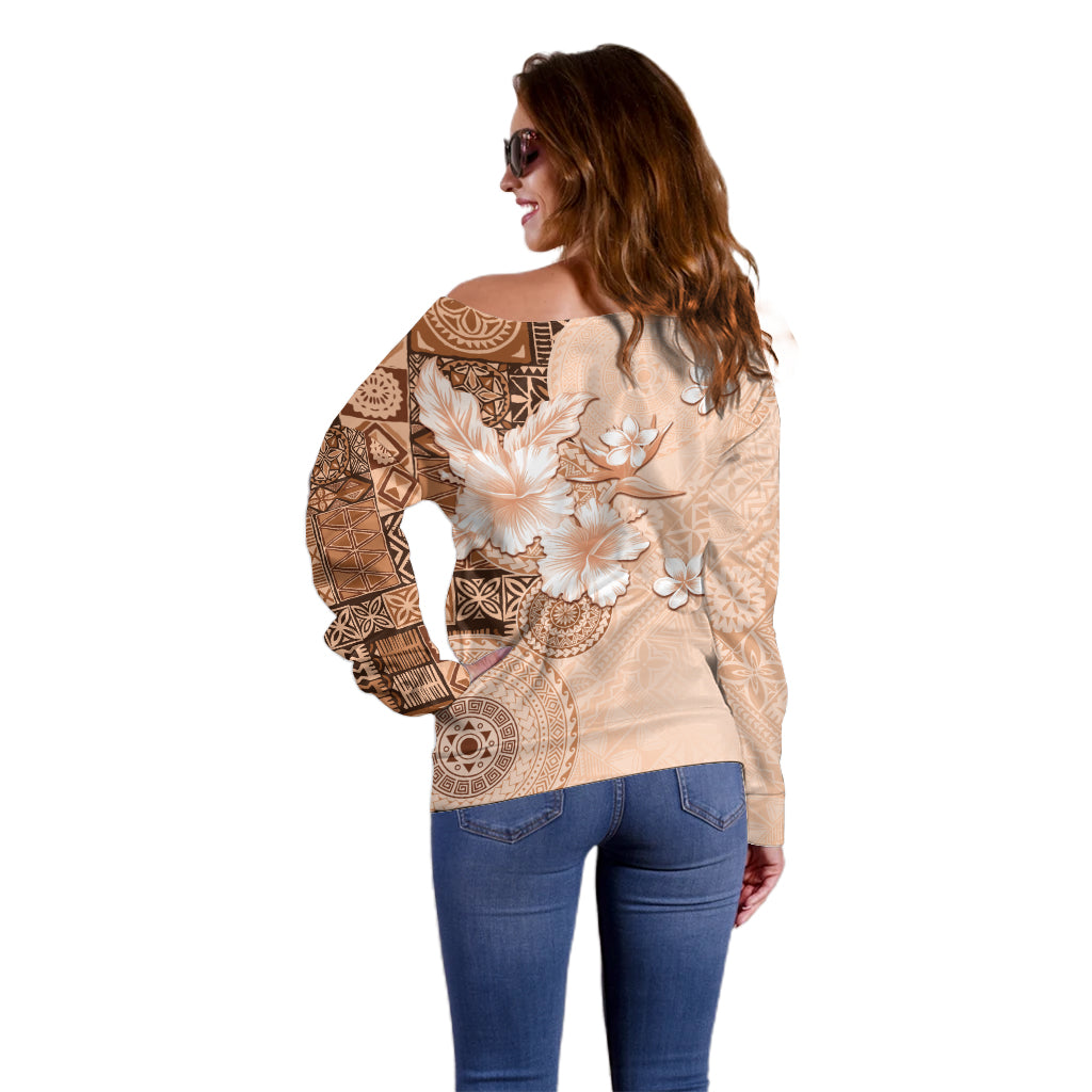 Hawaii Tapa Pattern With Brown Hibiscus Off Shoulder Sweater LT05 - Polynesian Pride