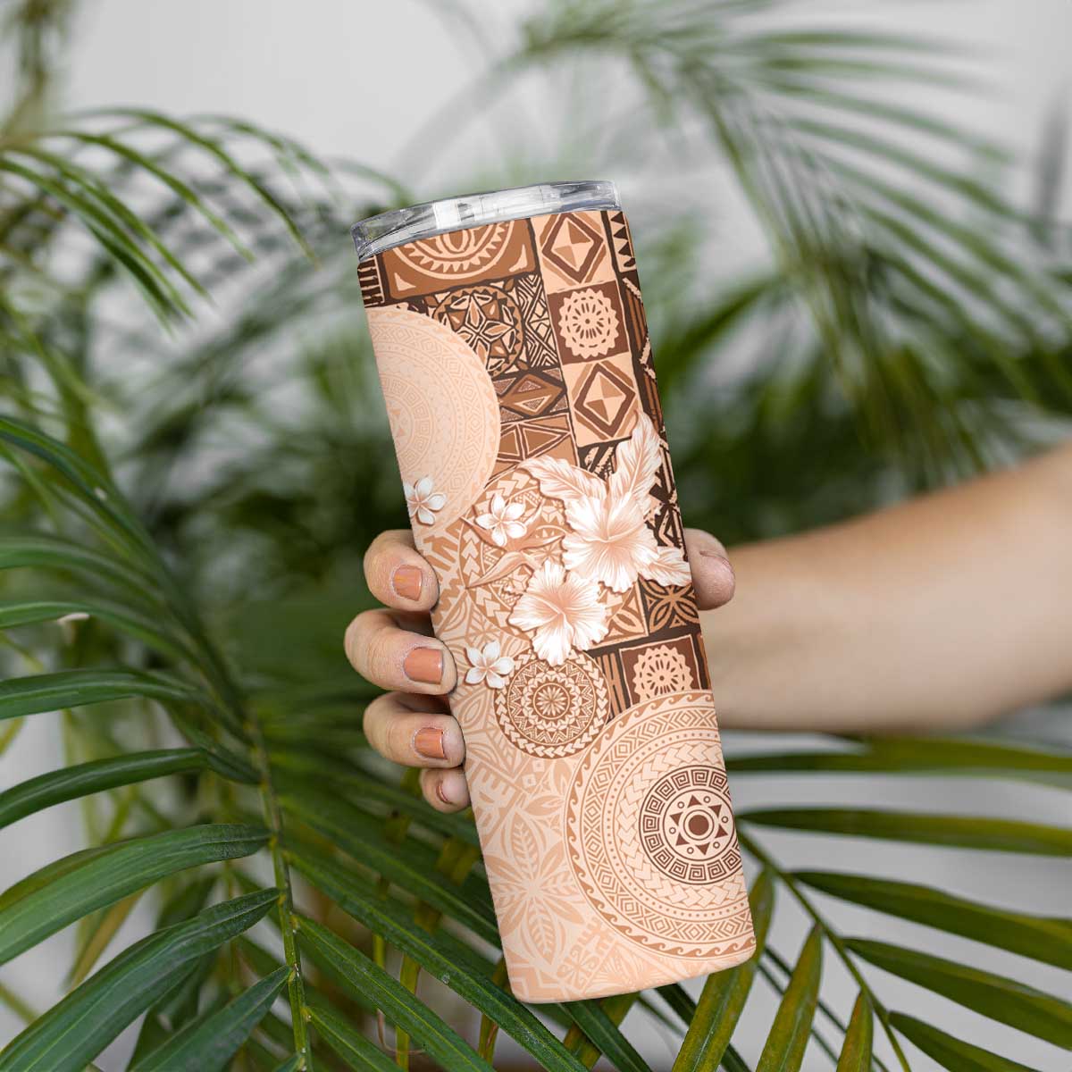 Hawaii Tapa Pattern With Brown Hibiscus Skinny Tumbler LT05 - Polynesian Pride