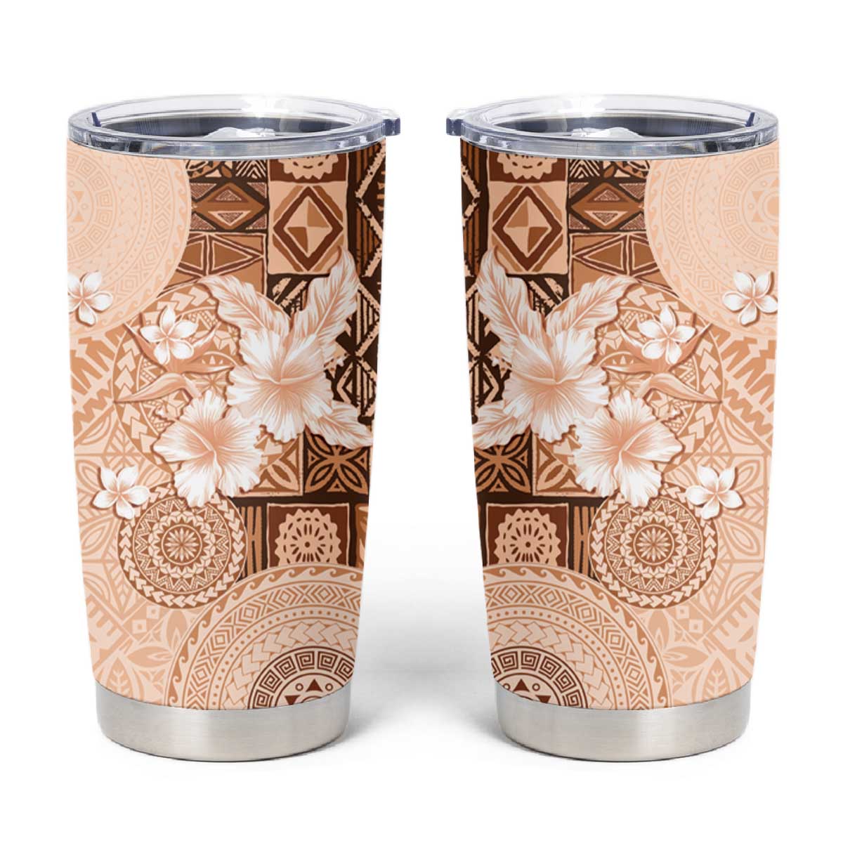 Hawaii Tapa Pattern With Brown Hibiscus Tumbler Cup LT05 Brown - Polynesian Pride