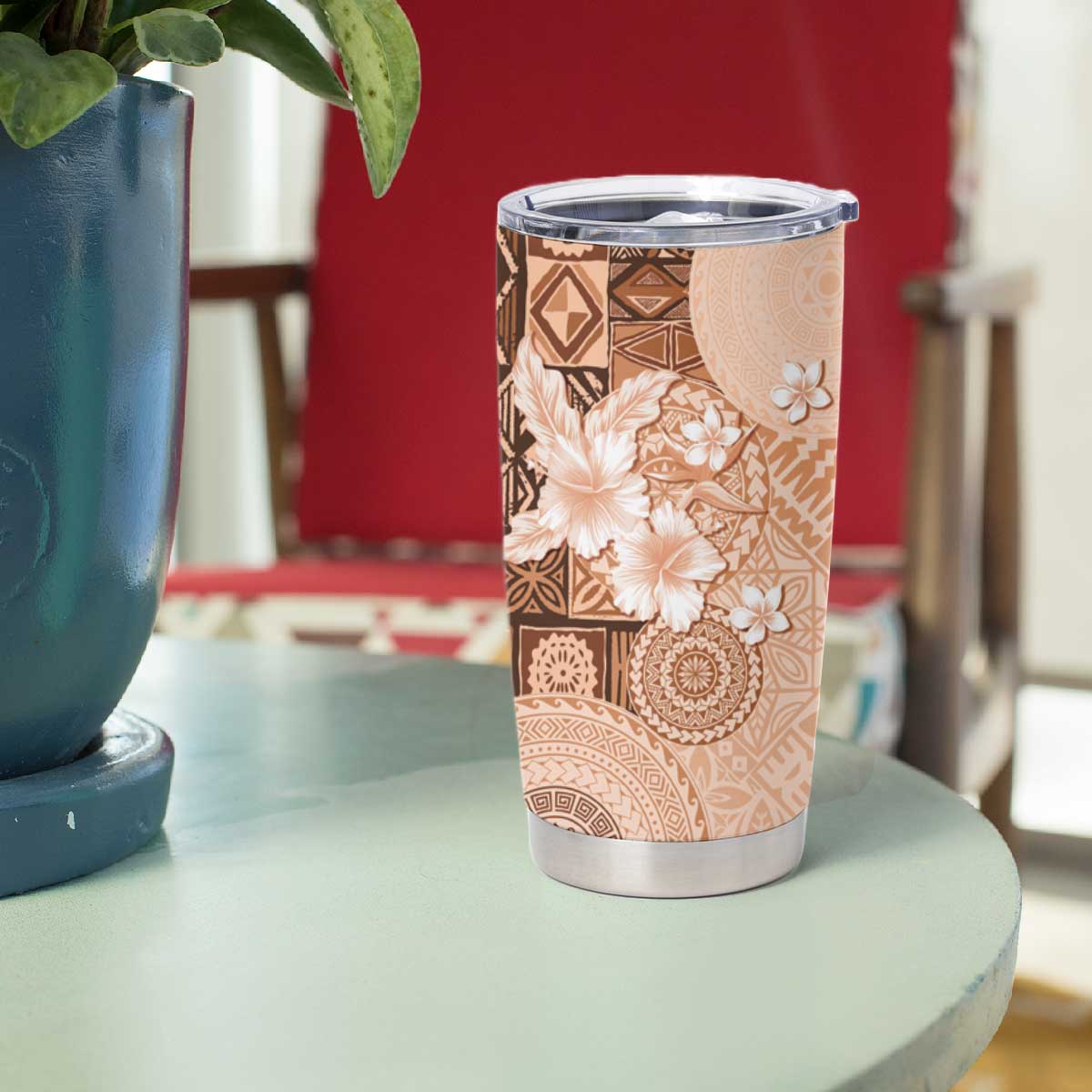 Hawaii Tapa Pattern With Brown Hibiscus Tumbler Cup LT05 - Polynesian Pride