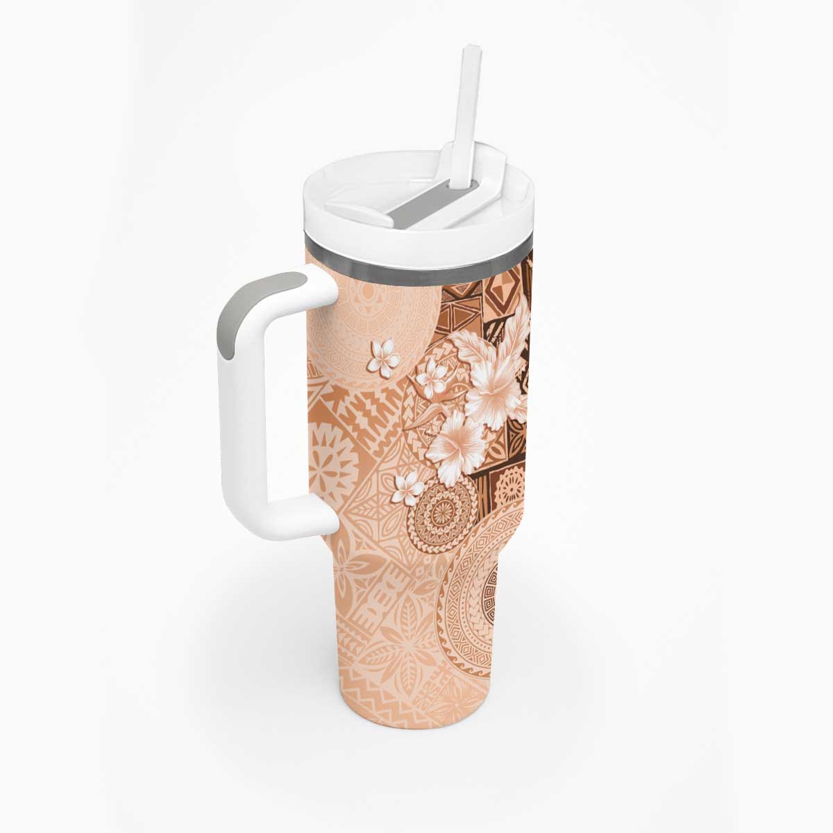 Hawaii Tapa Pattern With Brown Hibiscus Tumbler With Handle LT05 - Polynesian Pride