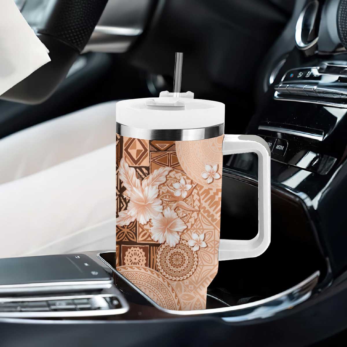 Hawaii Tapa Pattern With Brown Hibiscus Tumbler With Handle LT05 - Polynesian Pride