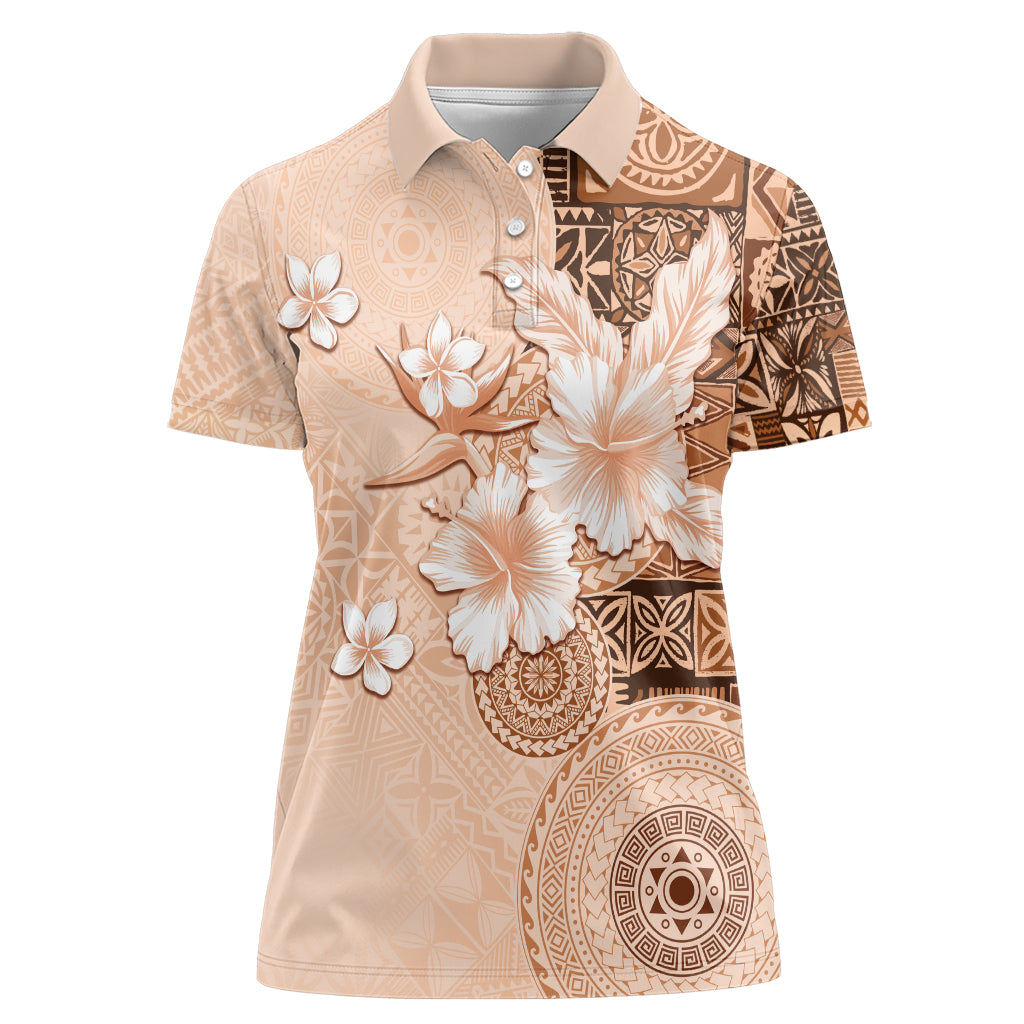Hawaii Tapa Pattern With Brown Hibiscus Women Polo Shirt