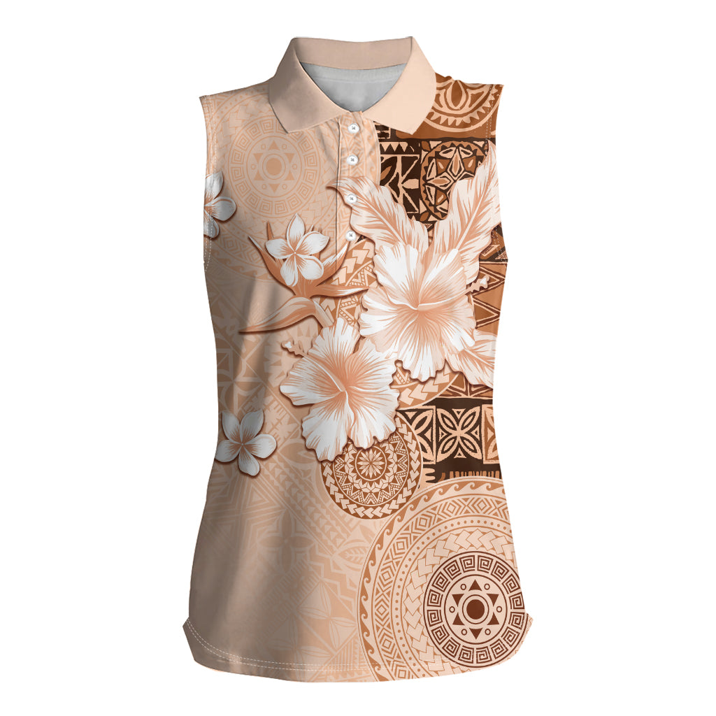 Hawaii Tapa Pattern With Brown Hibiscus Women Sleeveless Polo Shirt