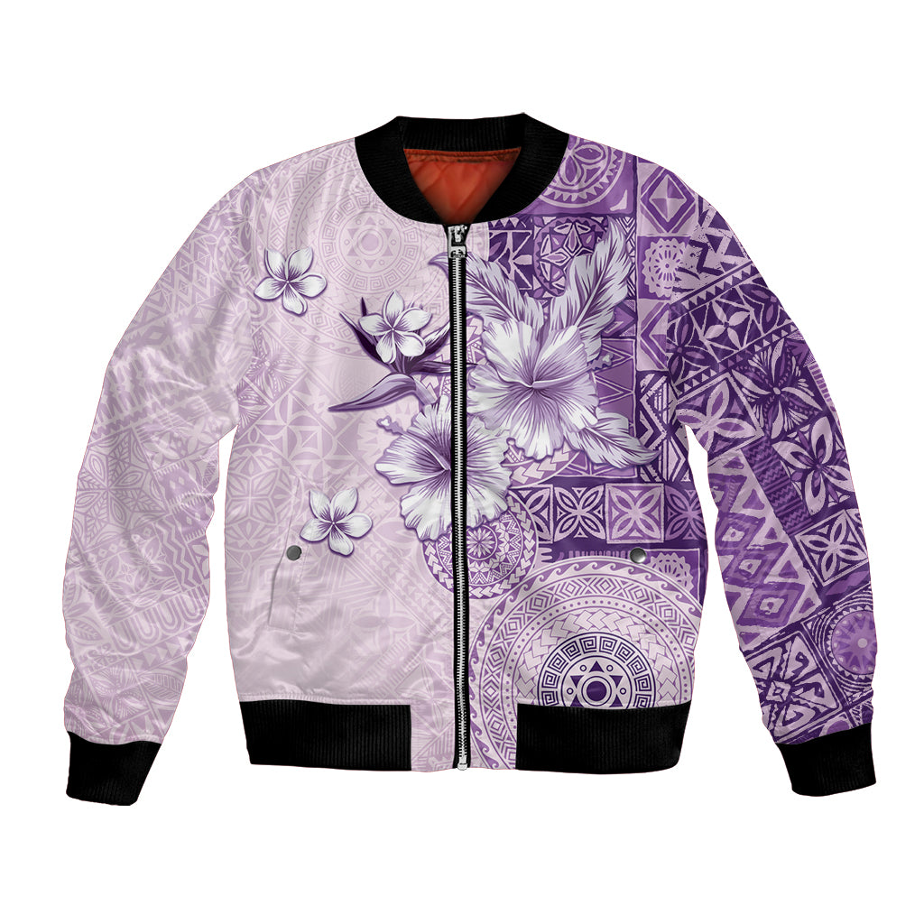 Hawaii Tapa Pattern With Violet Hibiscus Bomber Jacket LT05 Unisex Violet - Polynesian Pride
