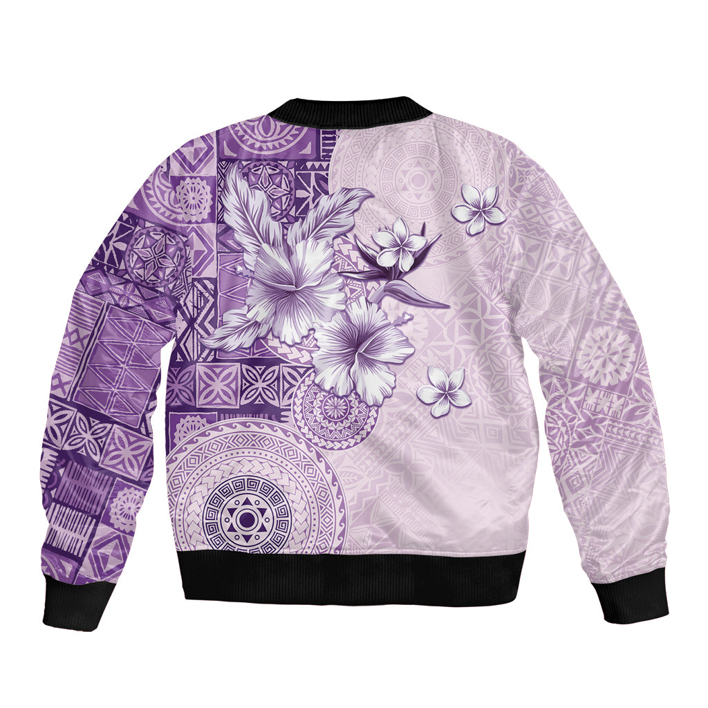 Hawaii Tapa Pattern With Violet Hibiscus Bomber Jacket LT05 - Polynesian Pride
