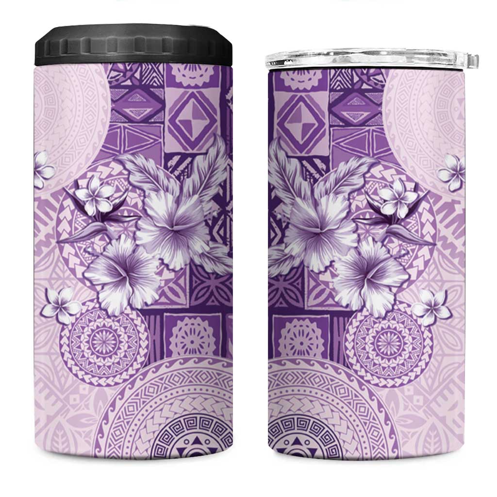 Hawaii Tapa Pattern With Violet Hibiscus 4 in 1 Can Cooler Tumbler LT05 One Size: 16 oz Violet - Polynesian Pride