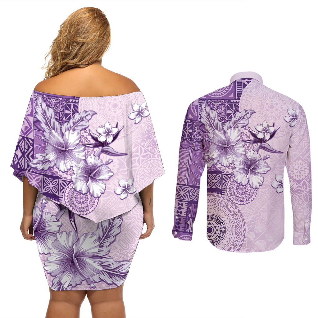 Hawaii Tapa Pattern With Violet Hibiscus Couples Matching Off Shoulder Short Dress and Long Sleeve Button Shirt LT05 - Polynesian Pride