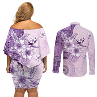 Hawaii Tapa Pattern With Violet Hibiscus Couples Matching Off Shoulder Short Dress and Long Sleeve Button Shirt LT05 - Polynesian Pride