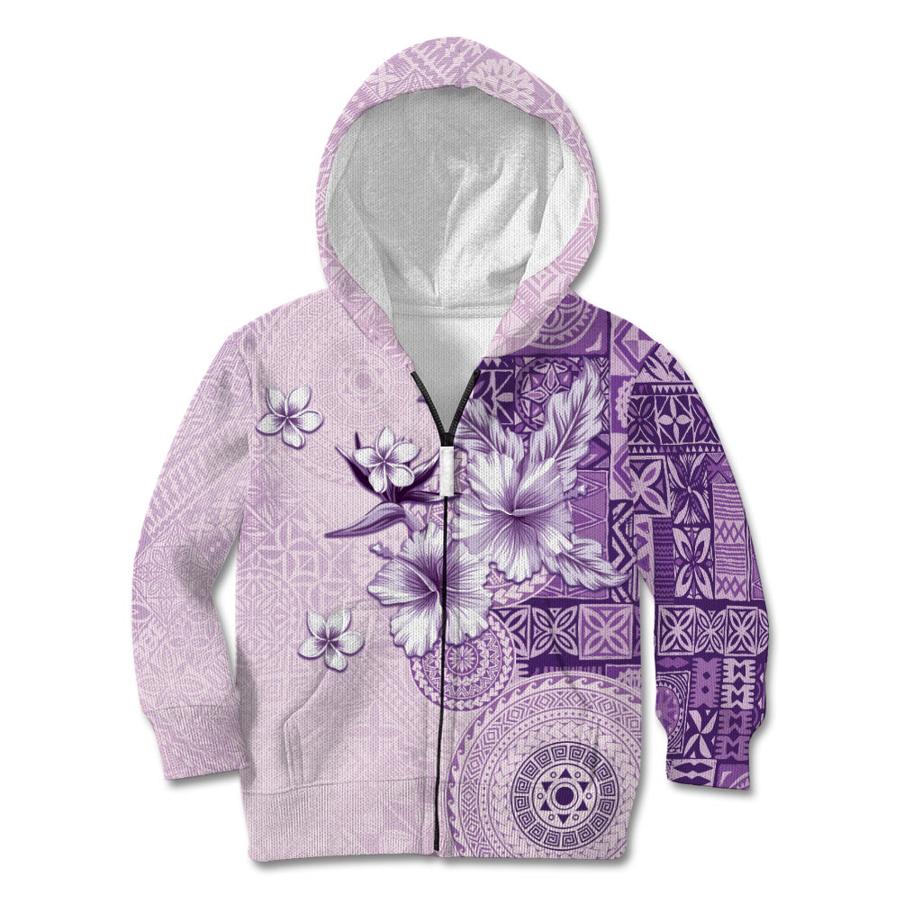 Hawaii Tapa Pattern With Violet Hibiscus Kid Hoodie LT05 Zip Hoodie Violet - Polynesian Pride