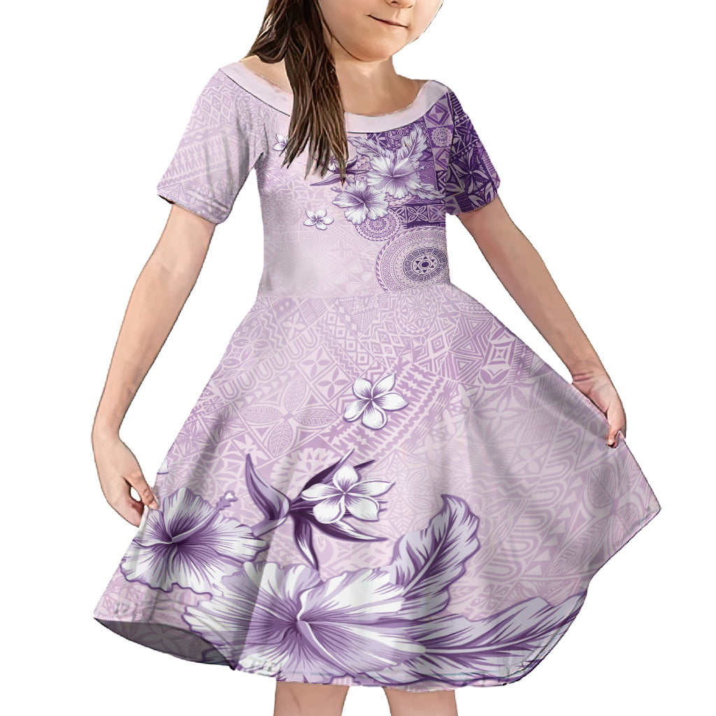 Hawaii Tapa Pattern With Violet Hibiscus Kid Short Sleeve Dress LT05 KID Violet - Polynesian Pride