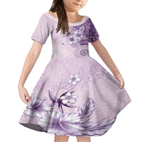 Hawaii Tapa Pattern With Violet Hibiscus Kid Short Sleeve Dress LT05 KID Violet - Polynesian Pride