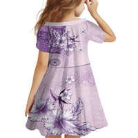 Hawaii Tapa Pattern With Violet Hibiscus Kid Short Sleeve Dress LT05 - Polynesian Pride