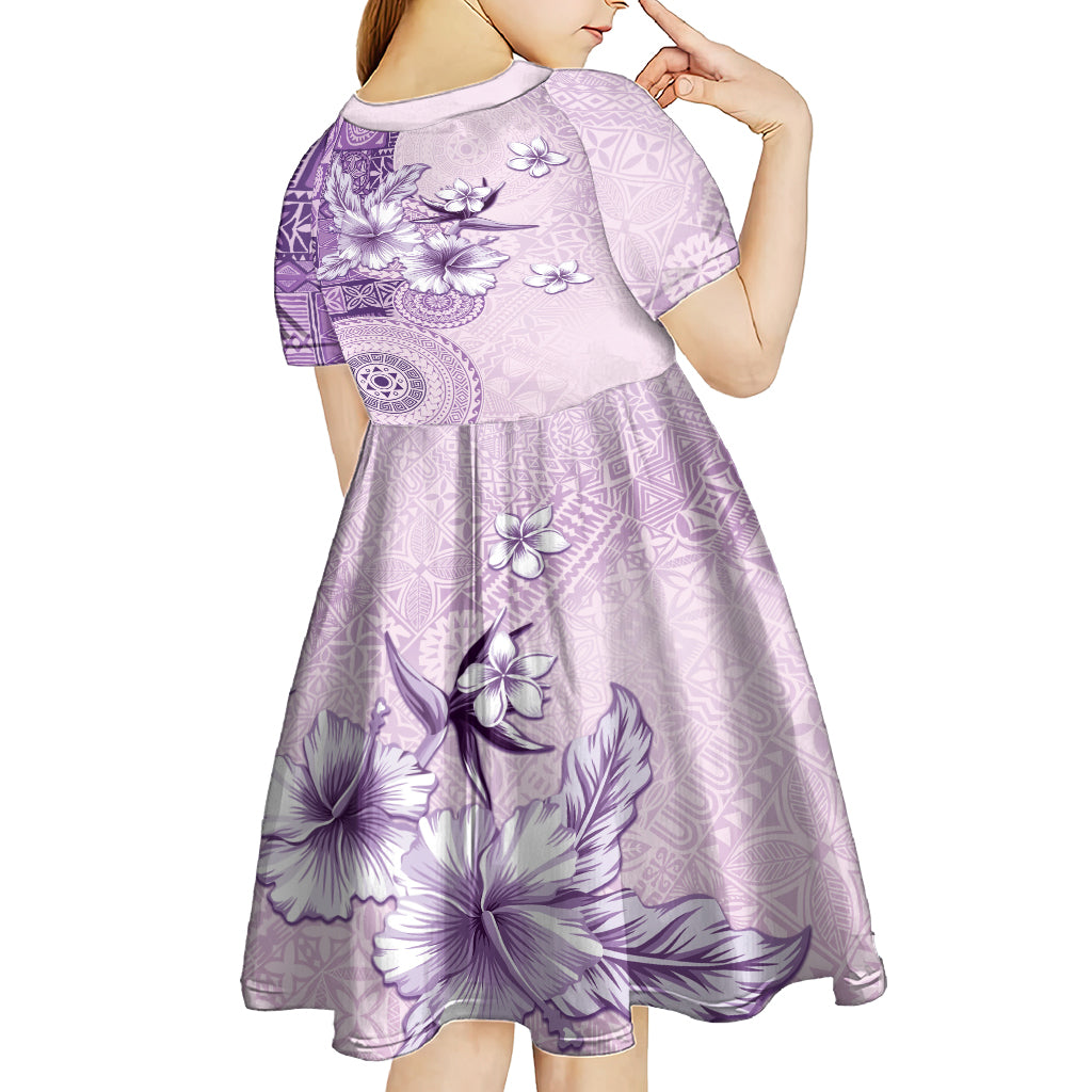 Hawaii Tapa Pattern With Violet Hibiscus Kid Short Sleeve Dress LT05 - Polynesian Pride