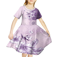 Hawaii Tapa Pattern With Violet Hibiscus Kid Short Sleeve Dress LT05 - Polynesian Pride
