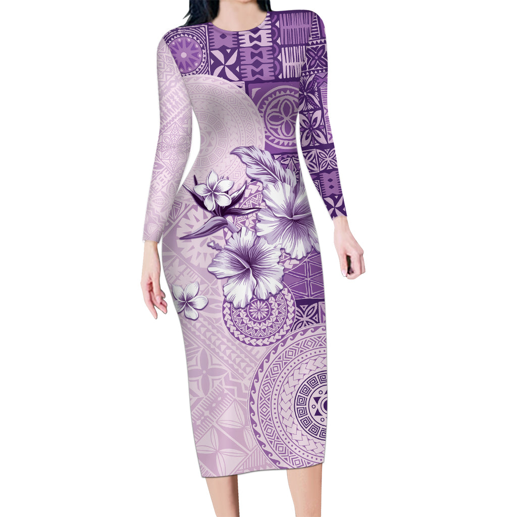 Hawaii Tapa Pattern With Violet Hibiscus Long Sleeve Bodycon Dress LT05 Long Dress Violet - Polynesian Pride