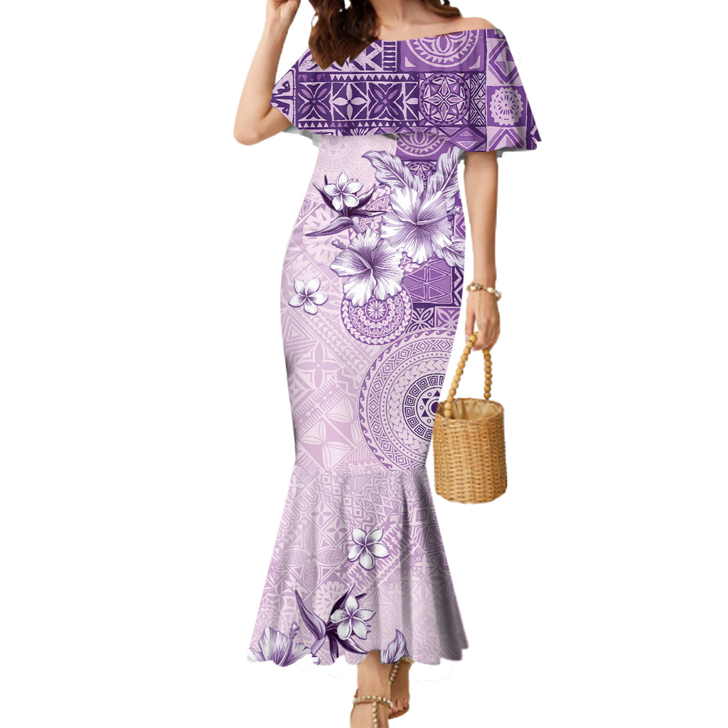 Hawaii Tapa Pattern With Violet Hibiscus Mermaid Dress LT05 Women Violet - Polynesian Pride