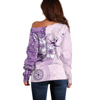 Hawaii Tapa Pattern With Violet Hibiscus Off Shoulder Sweater LT05 - Polynesian Pride
