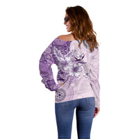 Hawaii Tapa Pattern With Violet Hibiscus Off Shoulder Sweater LT05 - Polynesian Pride