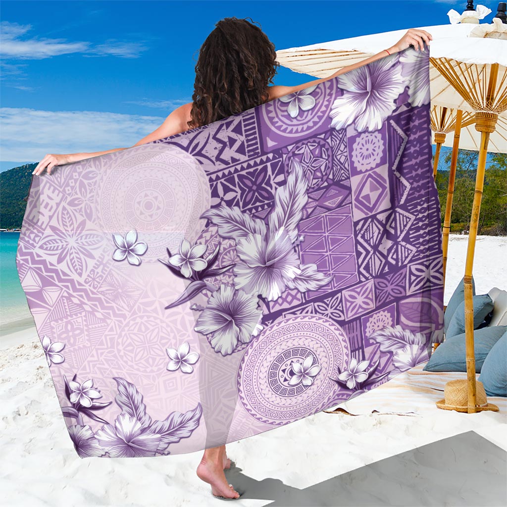 Hawaii Tapa Pattern With Violet Hibiscus Sarong