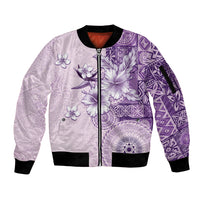Hawaii Tapa Pattern With Violet Hibiscus Sleeve Zip Bomber Jacket LT05 Unisex Violet - Polynesian Pride