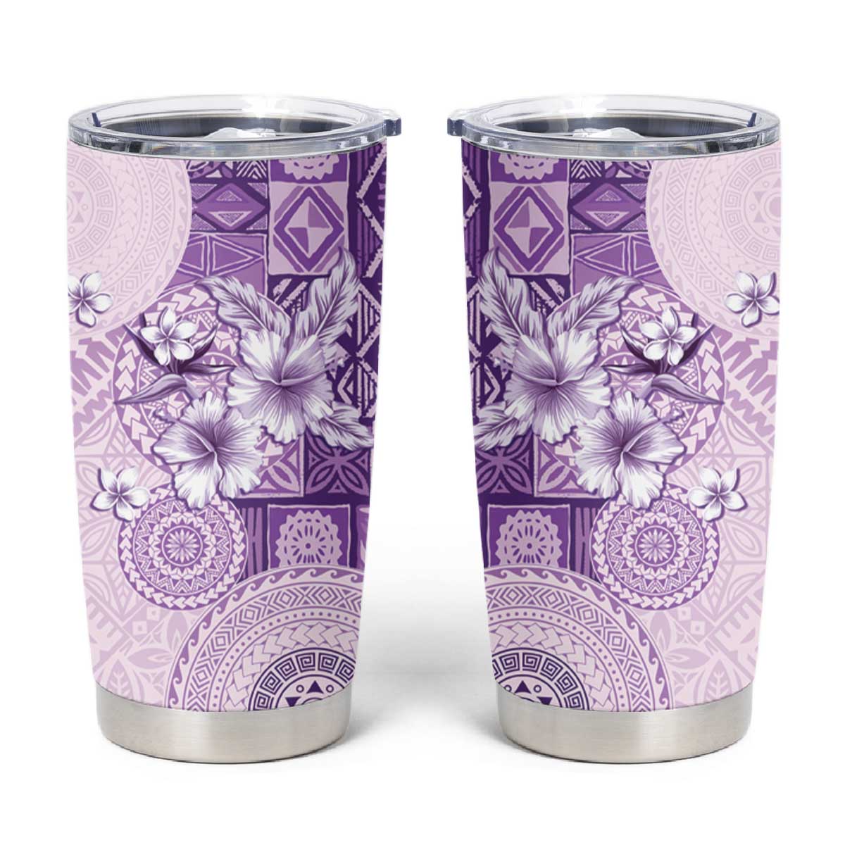 Hawaii Tapa Pattern With Violet Hibiscus Tumbler Cup LT05 Violet - Polynesian Pride