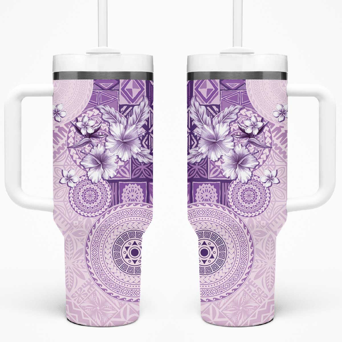 Hawaii Tapa Pattern With Violet Hibiscus Tumbler With Handle